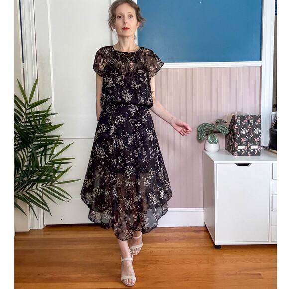 PARKER Tegan Floral Textured Ruffle Midi Dress black silk 3123 - Picture 1 of 7